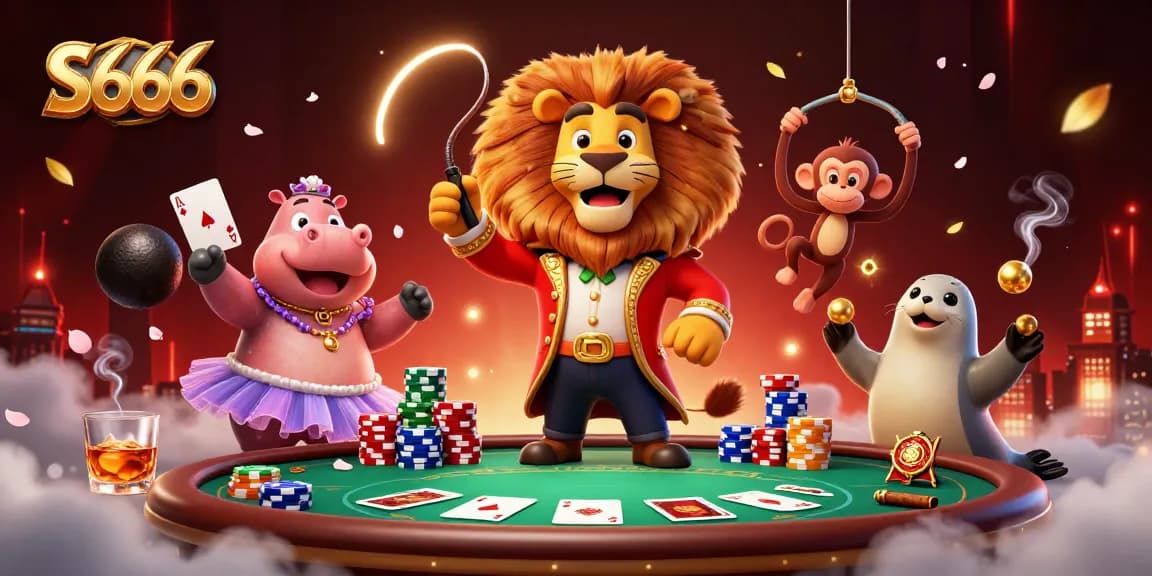 S666 casino scene with animated circus characters and poker elements creating a vibrant online gambling atmosphere.