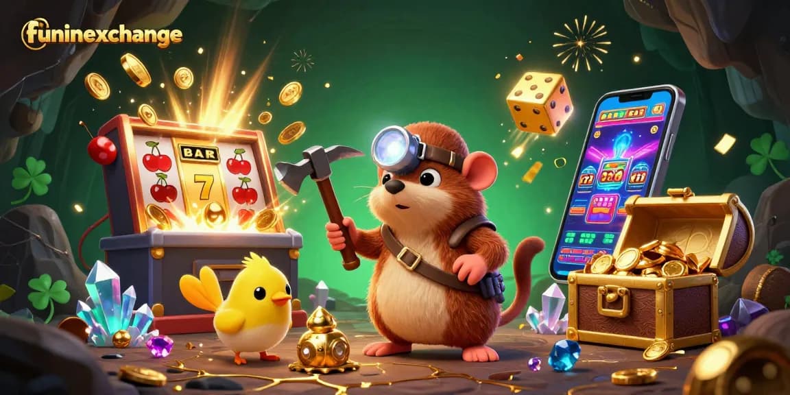 Experience winning at funinexchange with a thrilling 3D treasure hunt surrounded by slot machine action.