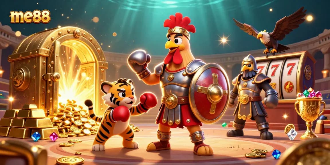 Experience thrilling wins at me88 with a vibrant 3D illustration of casino gameplay and rich treasures.