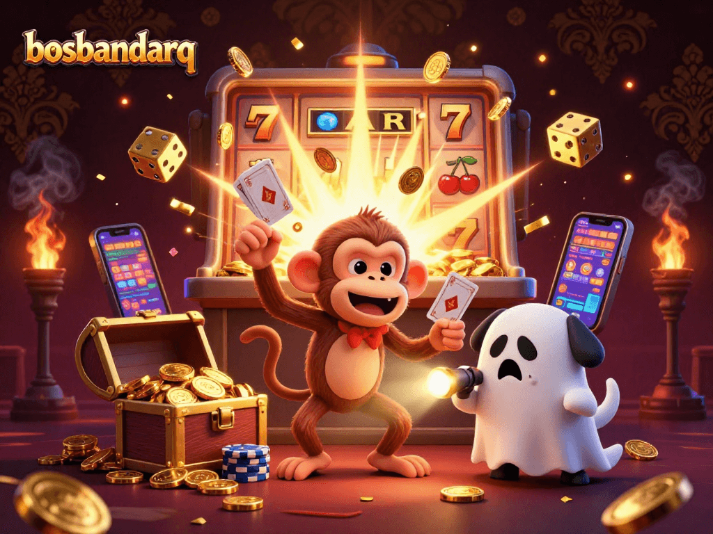 Engage with the lively atmosphere at bosbandarq, where a playful monkey juggles gold coins amidst a vibrant casino scene.