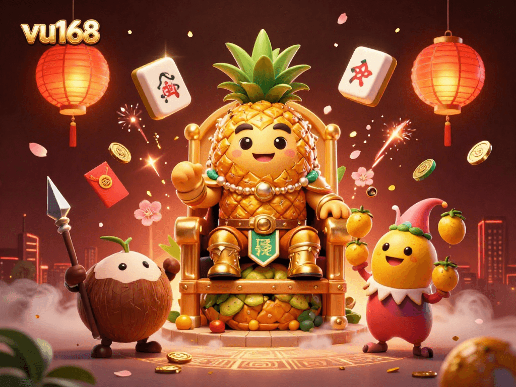 Experience thrilling gaming with vu168 in this vibrant, detailed casino scene featuring the pineapple king and festive elements.