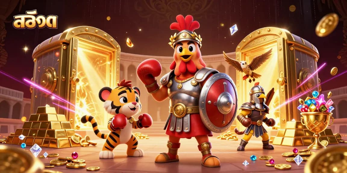 Engage with สล็อต in a vibrant 3D illustration featuring a gladiator rooster, treasure vault, and a lively casino atmosphere.
