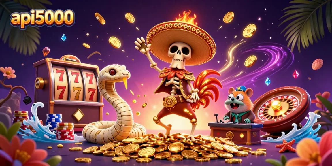 Api5000 menampilkan skeleton mariachi dan simbol slot di tengah tumpukan koin emas.