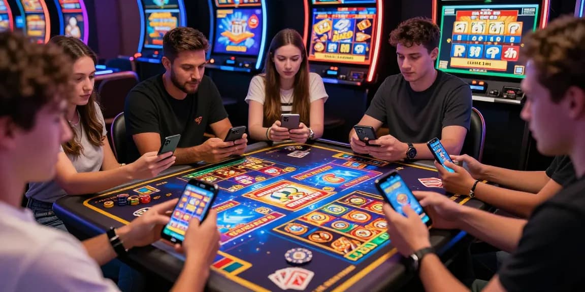 Exciting group gaming scene showcasing Slots PK app on smartphones, vibrant casino atmosphere with rewards and tournaments.