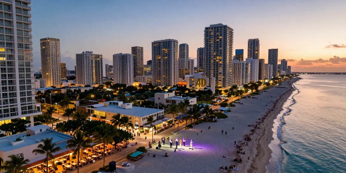 Menampilkan pemandangan indah dari https://miami4d.com/ dengan panorama langit kota Miami saat matahari terbenam.