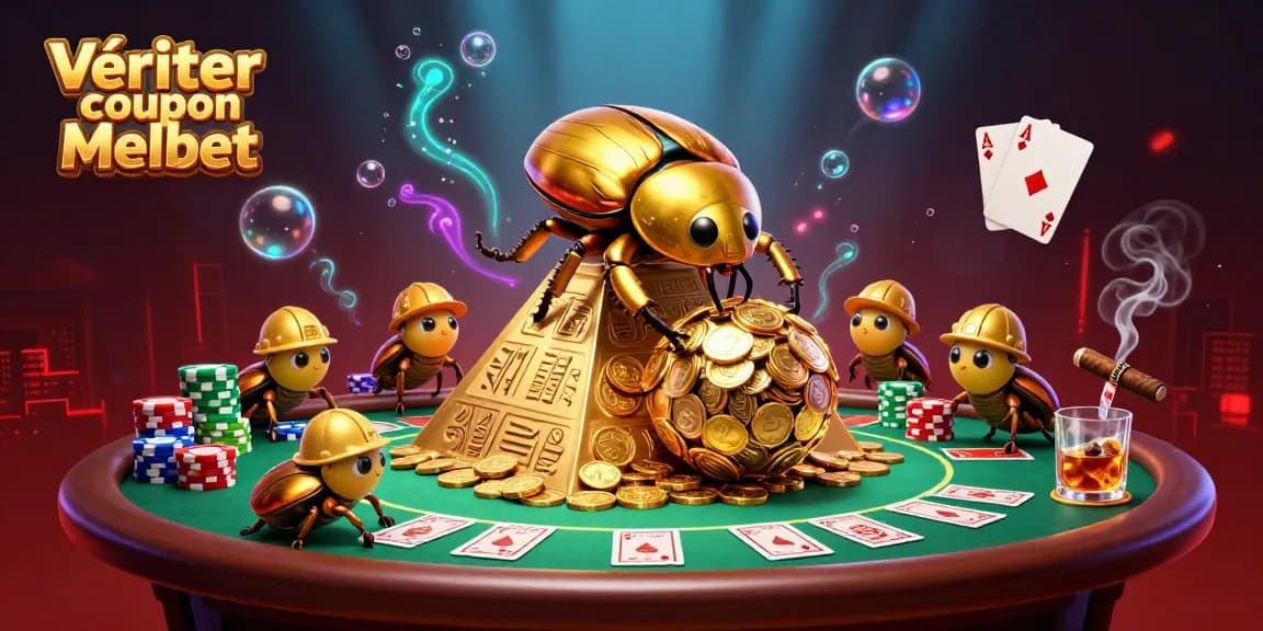 Vérifier coupon Melbet avec des scarabées dorés et un décor de casino riche en détails.