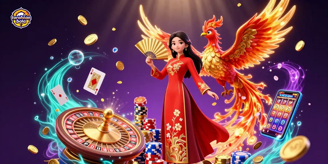 Bet on taruhan bola with a dazzling scene of a woman and phoenix surrounded by casino riches.