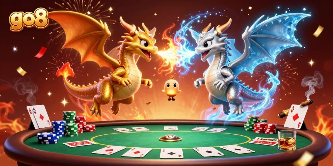 go8 showcases an epic scene of twin dragons representing casino excitement with poker elements