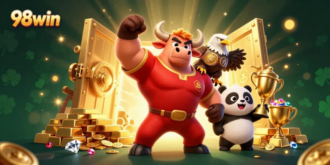 Experience thrilling victories at 98win with a lively scene of cartoon characters celebrating amidst treasure and casino elements.