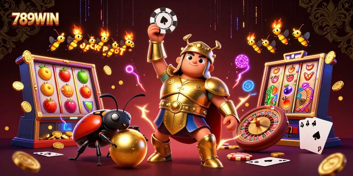 Experience the thrill of 789WIN in this vibrant 3D illustration featuring casino games and joyful characters.