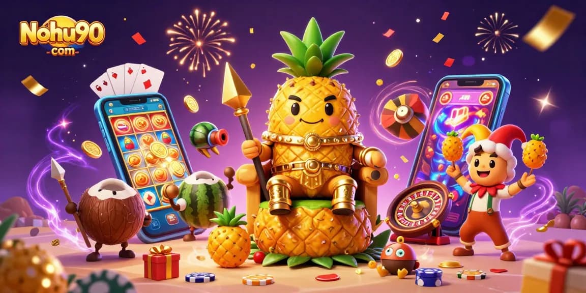 Experience thrills at Nohu90 com with colorful slot games and royal characters in a vibrant casino scene