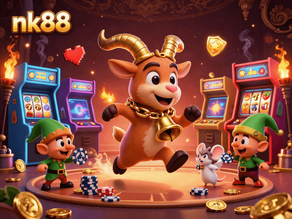 Experience festive thrills at nk88 as a Krampus goat and playful characters animate the holiday casino scene!