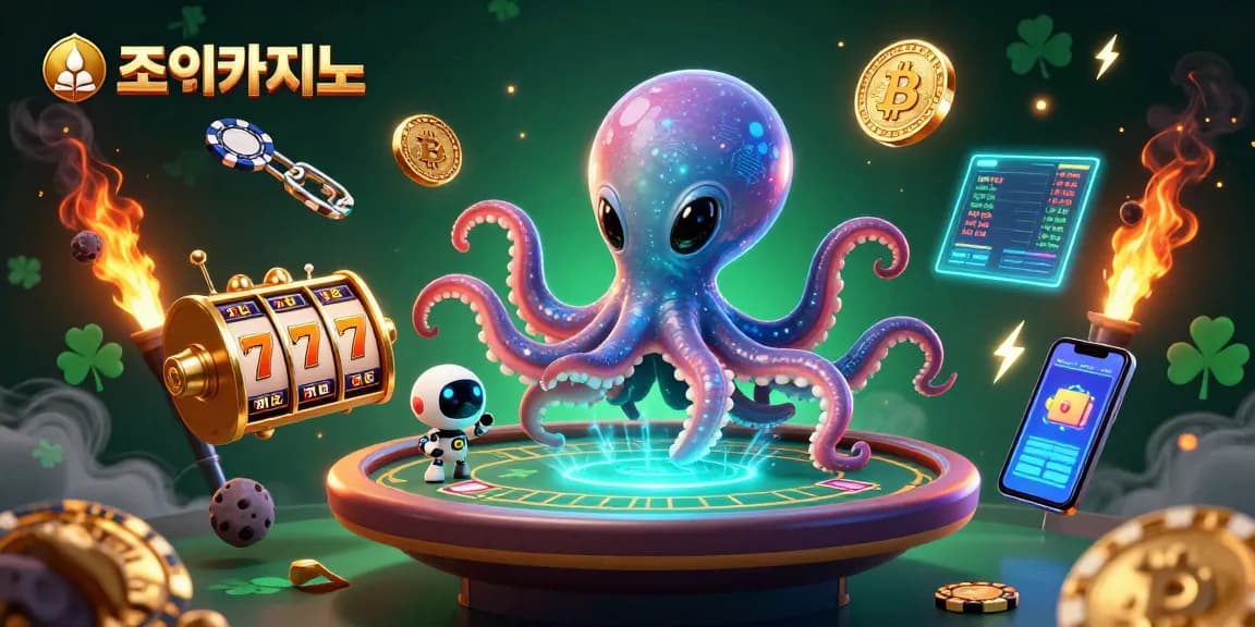 Experience thrilling gameplay at 조이카지노 with a whimsical alien octopus hosting a poker game amidst glowing crypto elements.