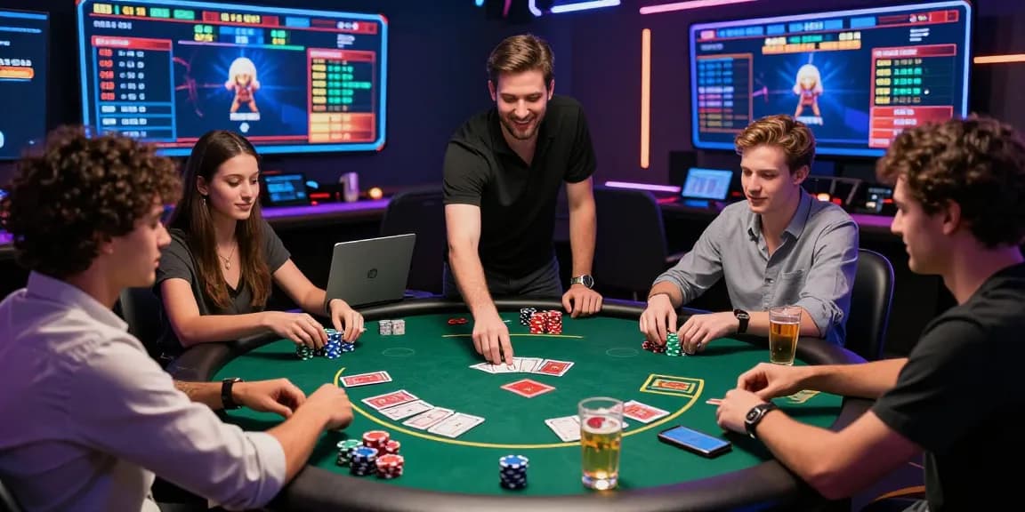 LUCK8 online casino scene with friends enjoying poker, vibrant gaming atmosphere.