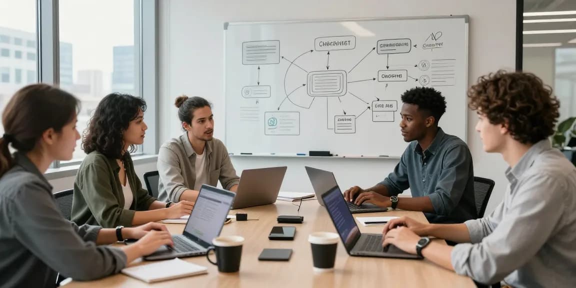 Collaborative team discussing ChatGPT alternatives in a modern office setting.