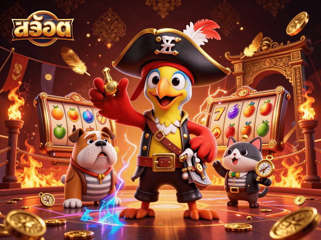 Engage in สล็อต action with 3D pirate-themed characters amidst vibrant slot game elements.