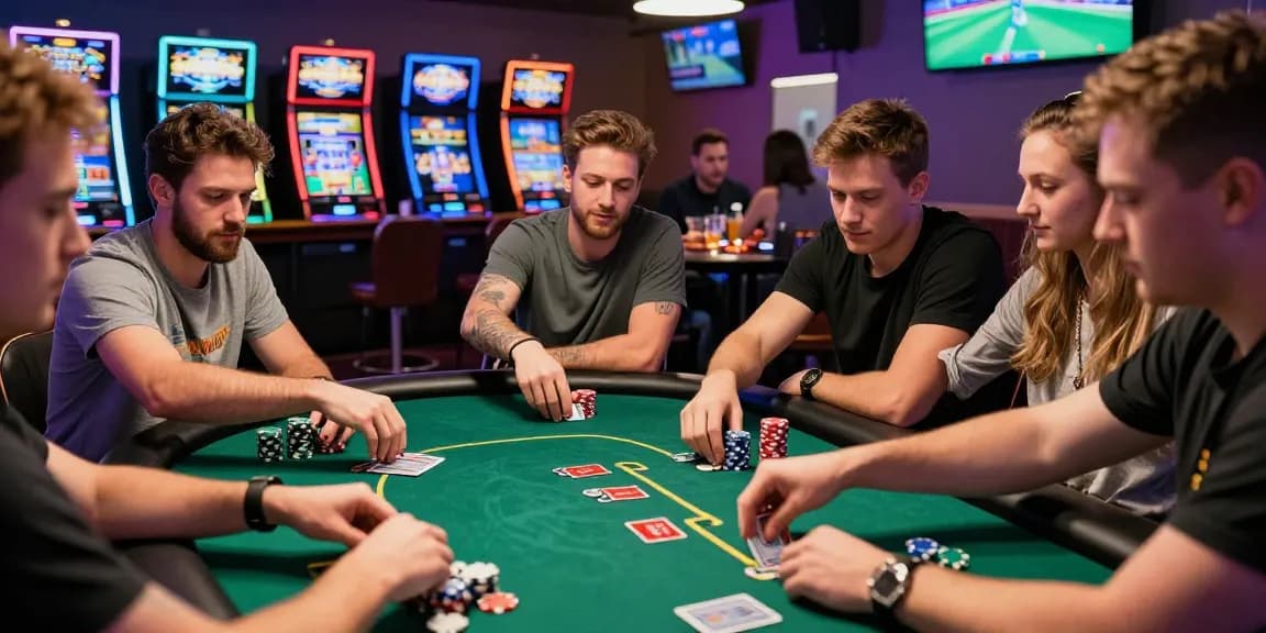 Exciting fun88casino poker night with friends, vibrant atmosphere in a lively casino.