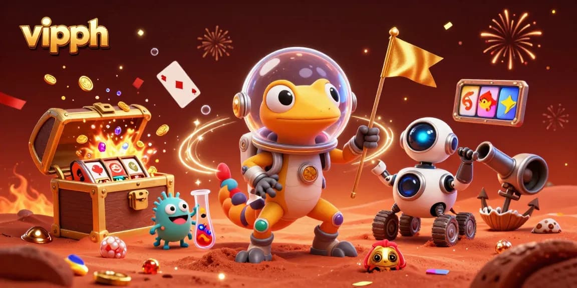 Experience thrilling gaming at vipph with 3D Martian gecko finding a gold casino in space.