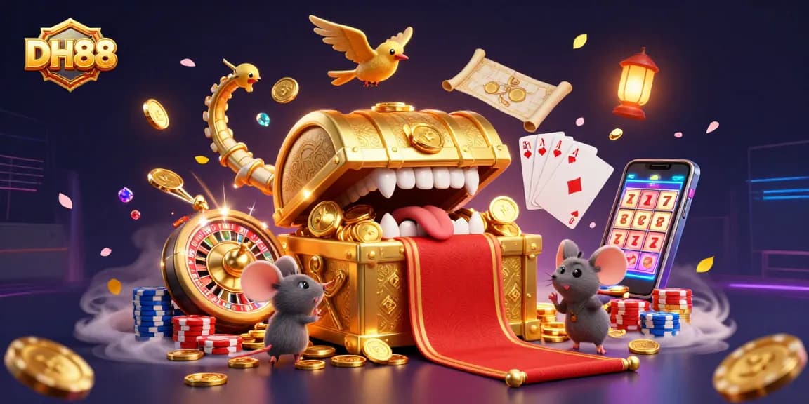 Engage in thrilling gaming at DH88 with vibrant treasure chests and dynamic casino elements.