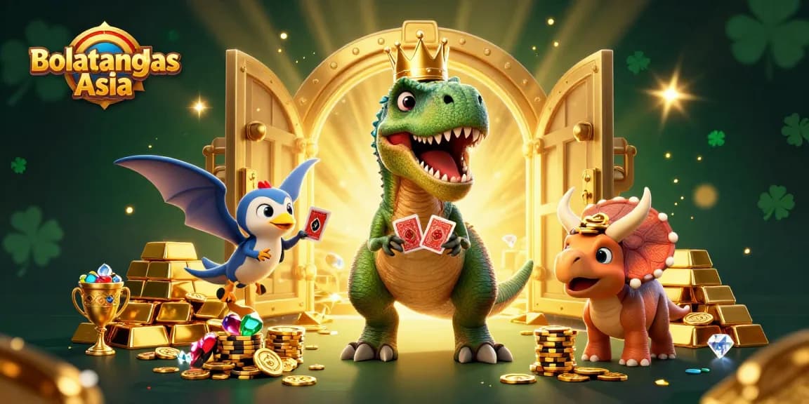 Bolatangkas Asia engaging players with a friendly T-Rex shuffling cards and a pterodactyl assistant.
