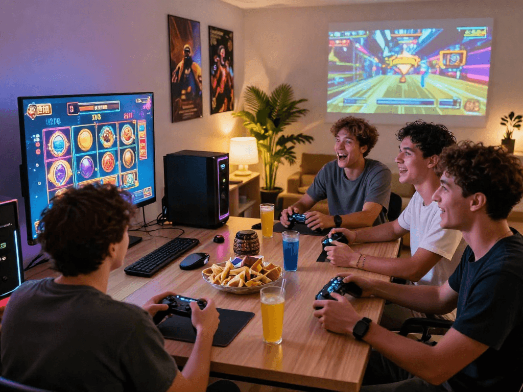 Friends enjoying exciting slot112 gaming night in a vibrant living room.