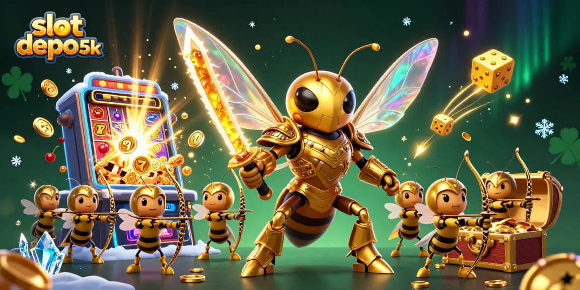 Engage with slot depo 5k, featuring a vibrant 3D illustration of a golden hornet in samurai armor amidst casino excitement.