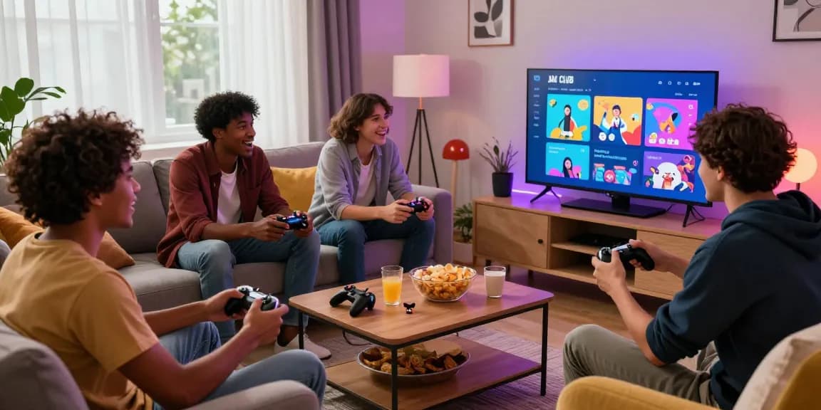 Friends enjoying JaiClub app gaming together in a lively living room.