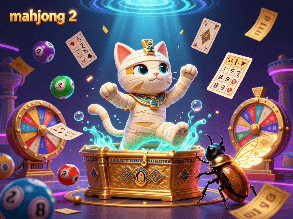 Engage with mahjong 2 in this vibrant casino scene showcasing an Egyptian mummy cat and a scarab beetle.