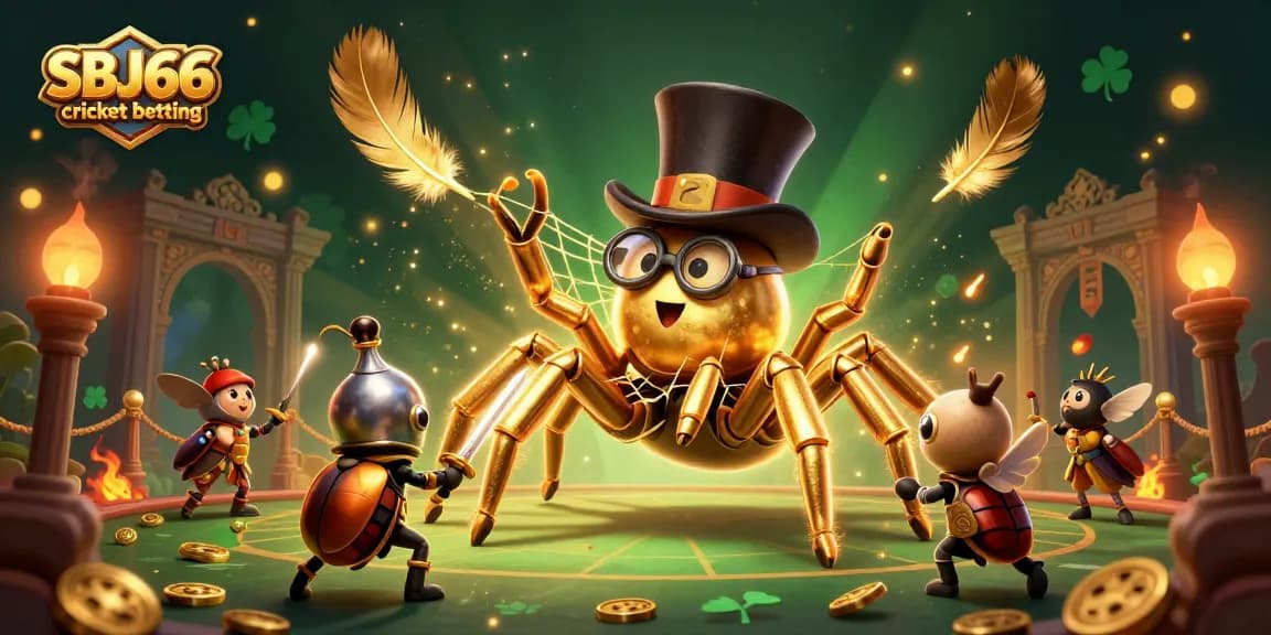 Engage with SBJ66 cricket betting in a lively casino scene featuring a golden tarantula and dynamic game symbols.