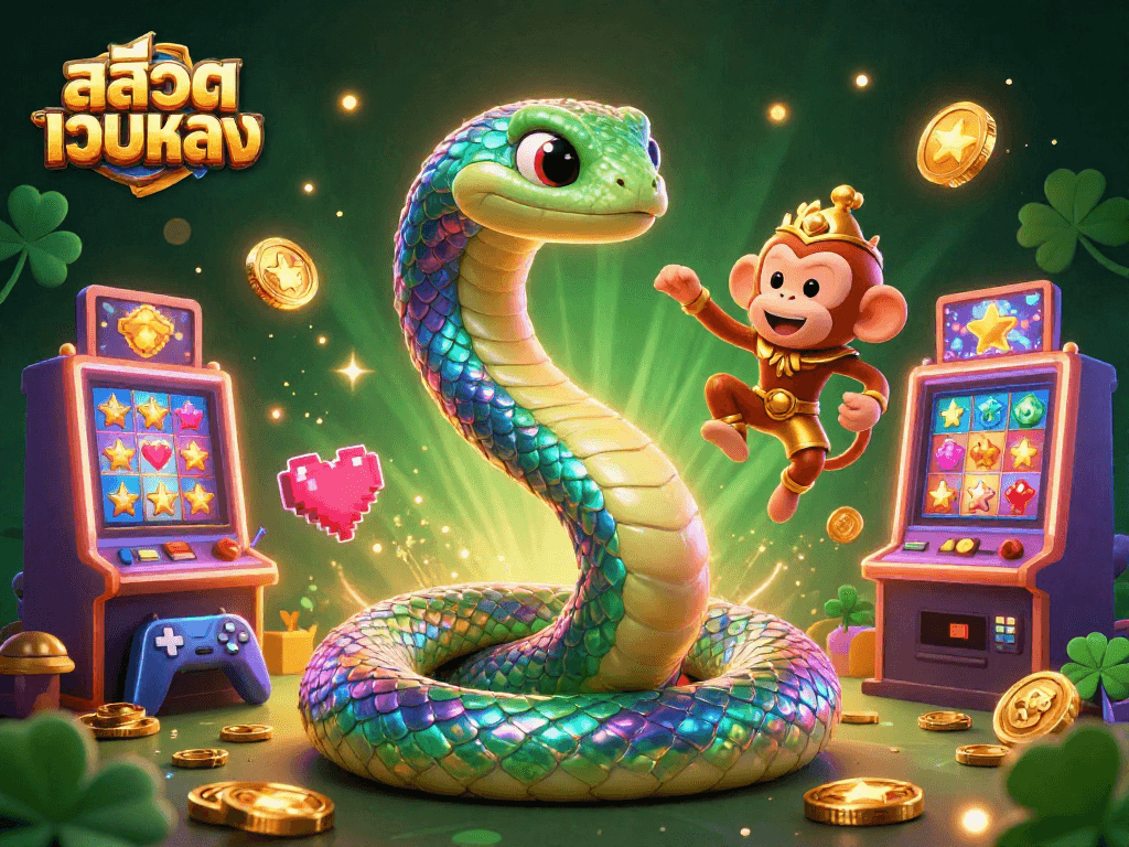 Engage with สล็อตเว็บตรง in this vibrant 3D illustration featuring a colorful rainbow serpent and gaming elements.