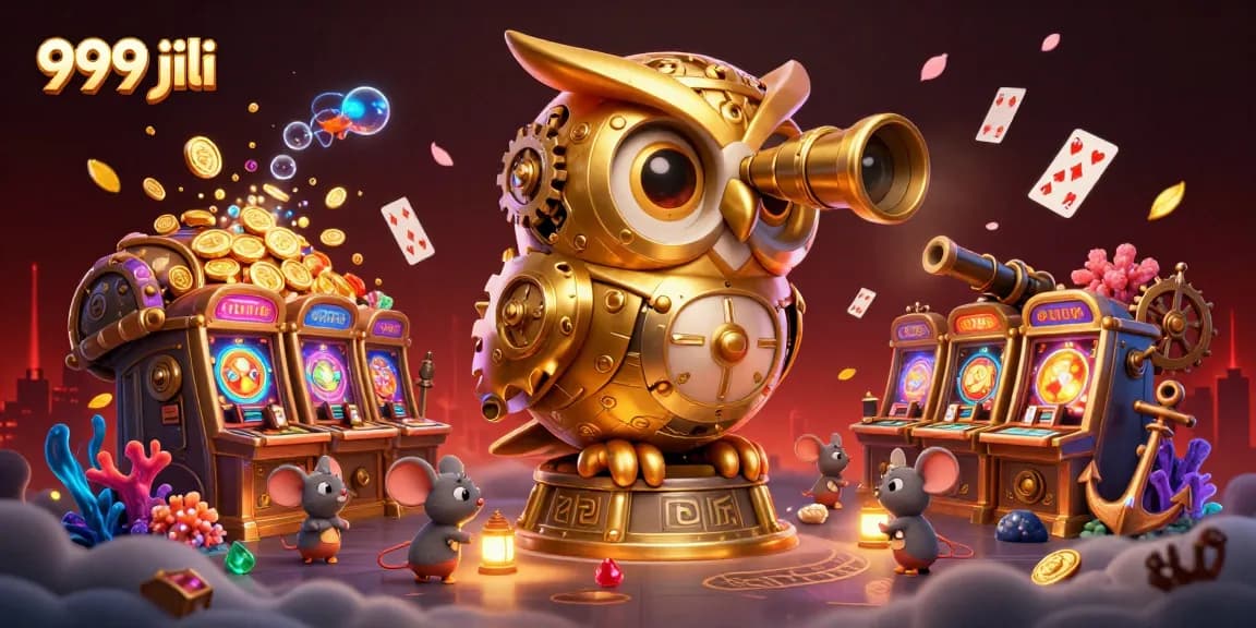Engage with the thrilling 999 jili casino experience featuring a clockwork owl and vibrant gaming elements.