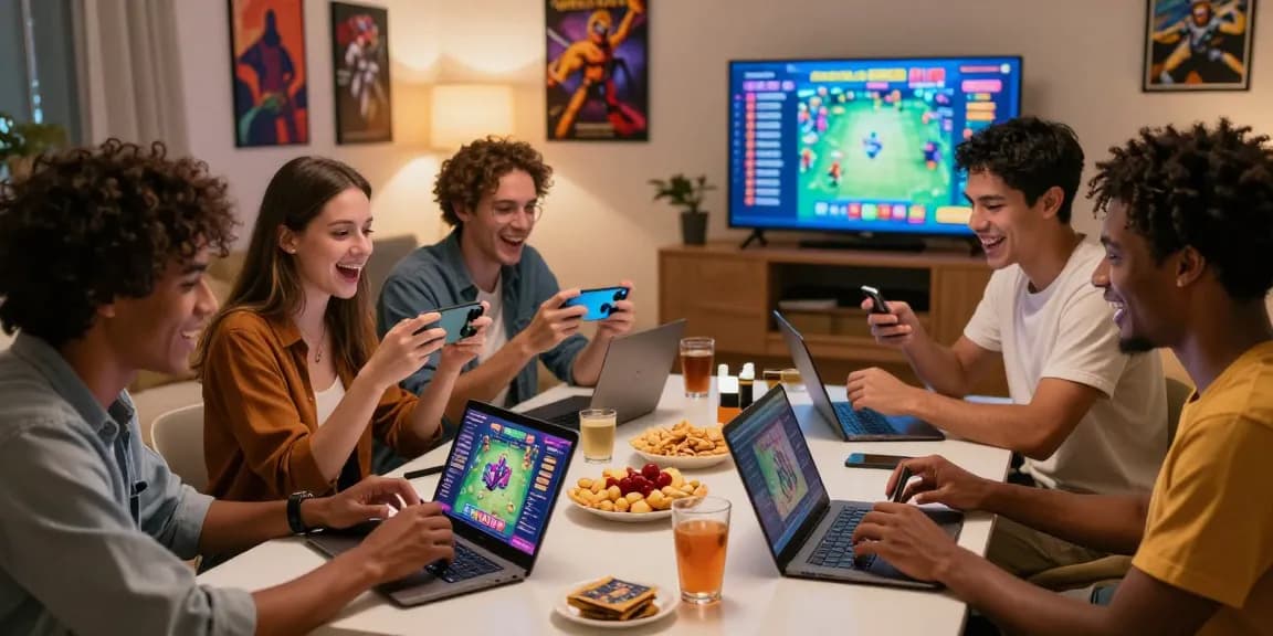 Friends enjoying 918kiss original gameplay on mobile devices in a cozy living room.