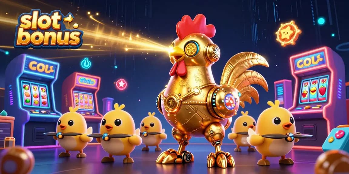 Experience explosive fun with a captivating slot bonus adventure featuring a golden rooster robot and baby chick drones.