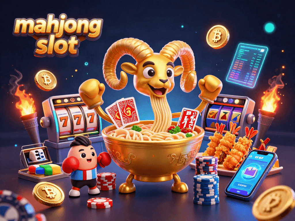 Engage in mahjong slot gameplay with vibrant golden ramen characters and crypto elements in a dynamic casino scene.