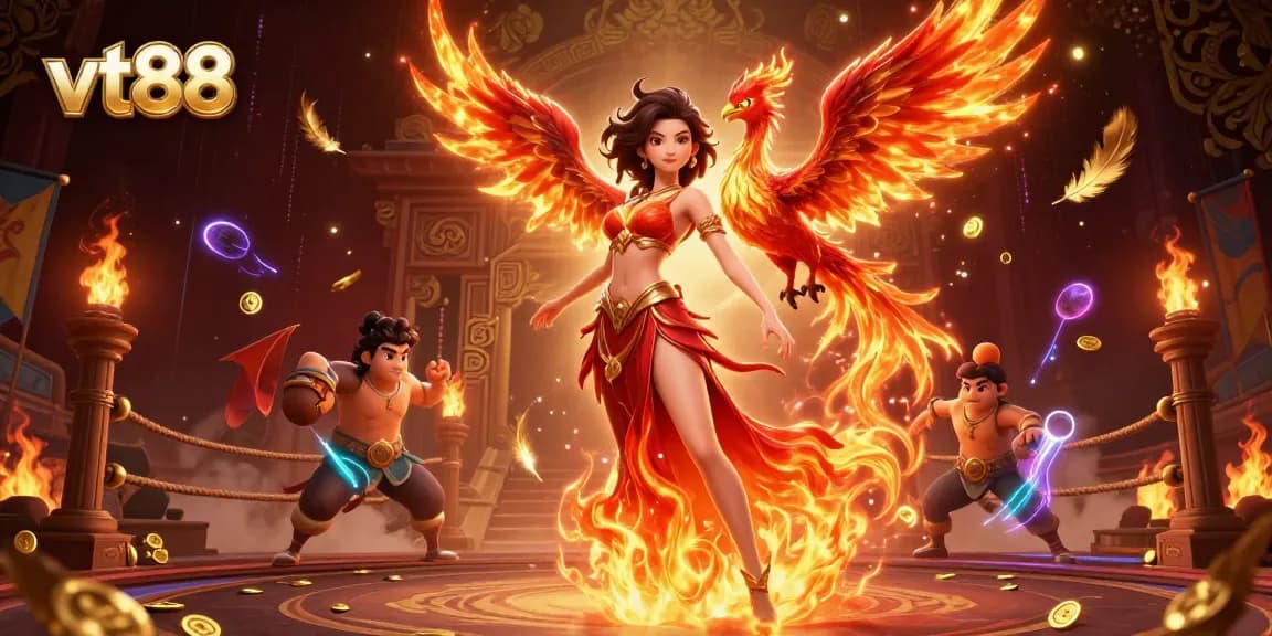 Experience thrilling gameplay with vt88, featuring an Asian woman in a fiery gown and gaming elements.
