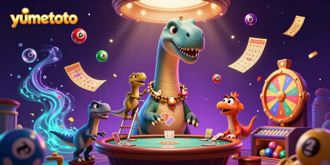 Play lottery games excitingly with yumetoto as a dinosaur deals cards in a vibrant casino.