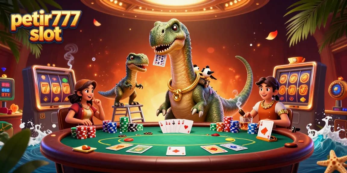 Join the fun at petir777 slot as a cartoon brontosaurus oversees an exciting casino scene filled with action!