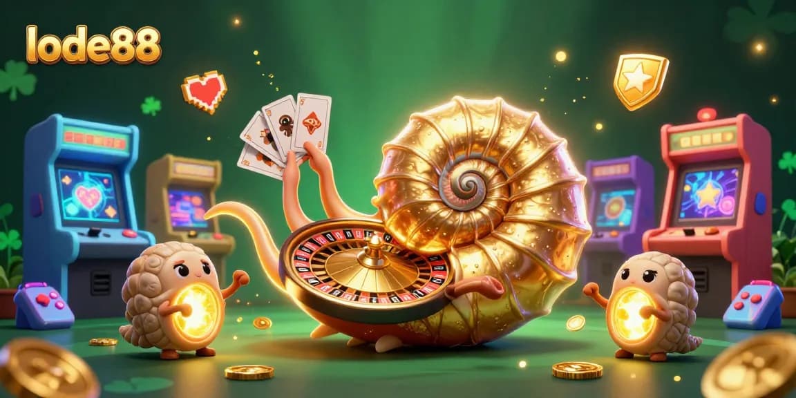 Engage in lode88 gaming action with a vibrant 3D digital art featuring casino elements and colorful characters.
