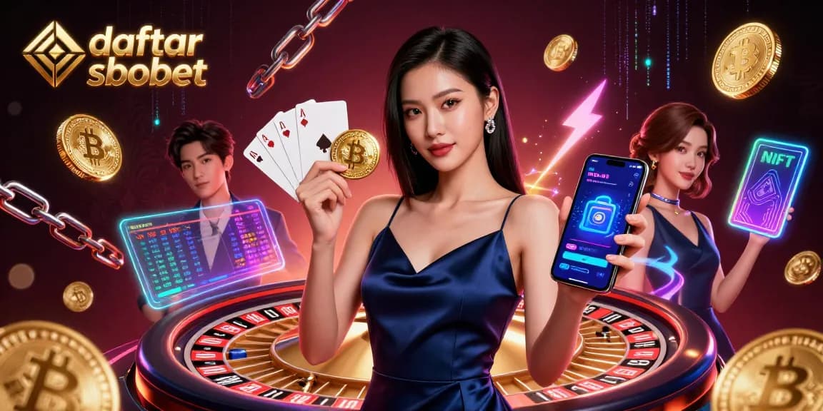 Engage in daftar sbobet online betting with a stylish Asian woman amidst vibrant casino visuals.