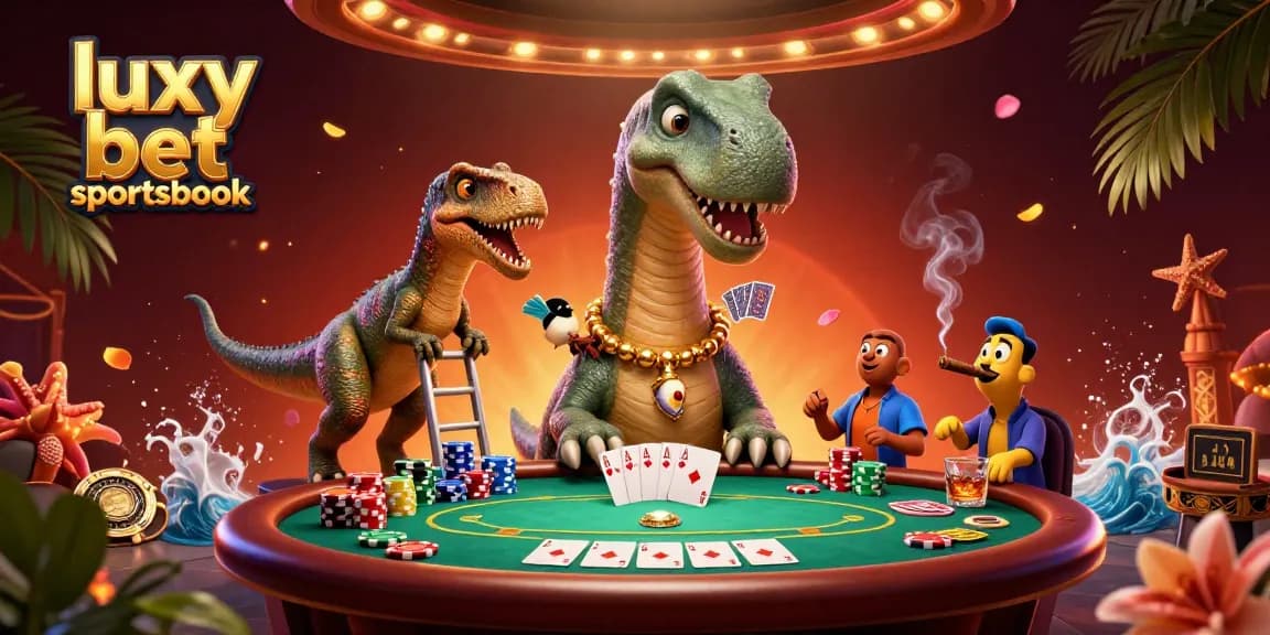 Lively scene at luxy bet sportsbook featuring 3D cartoon characters engaged at a poker table