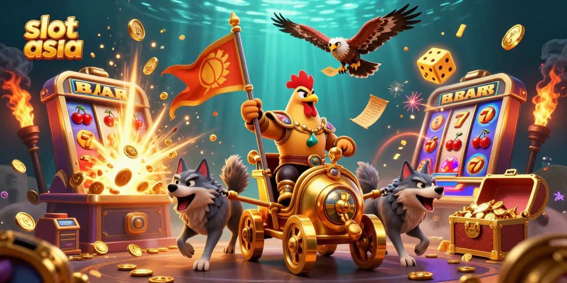 Menangkan jackpot slot asia dengan karakter penguasa dan kereta emas dalam permainan kasino.