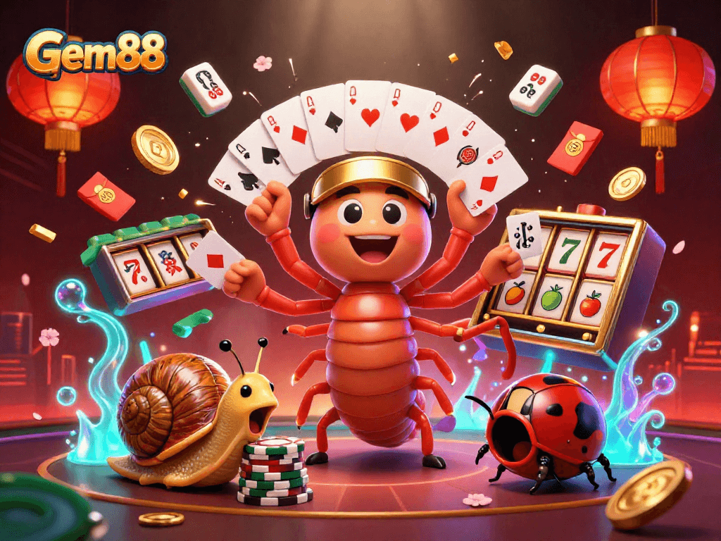 Gem88's 3D cartoon dealer and high-roller create excitement in a vibrant casino scene.