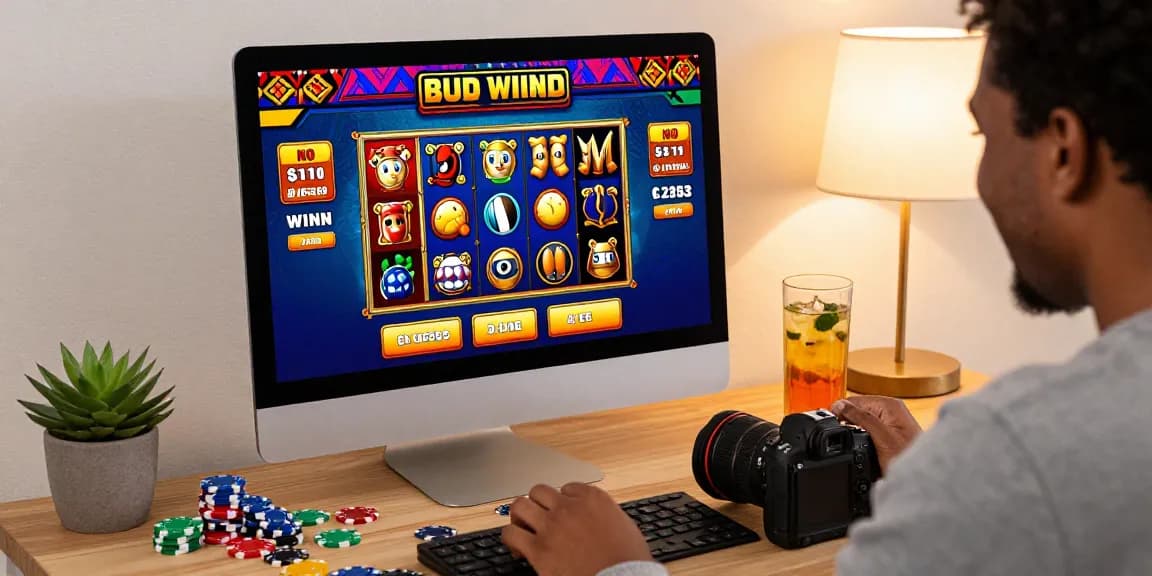 A person celebrating a win while engaging with Free No Deposit Bonus offers on their computer in a cozy home setting, showcasing vibrant online casino graphics and joyful atmosphere.