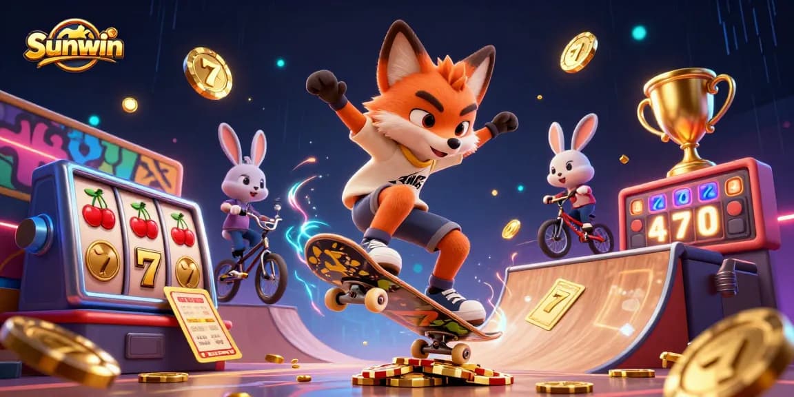 Sunwin casino showcases a thrilling kickflip scene with fox and rabbit amidst golden poker chips.