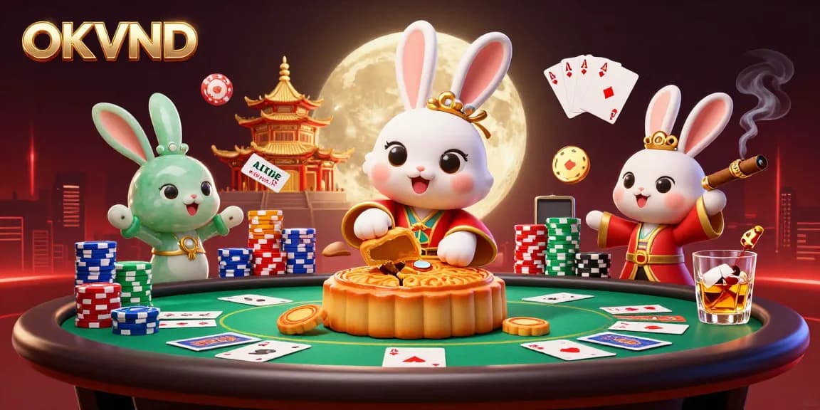 Experience thrilling poker action with OKVND’s moon rabbit gameplay bursting with excitement and colorful chips.