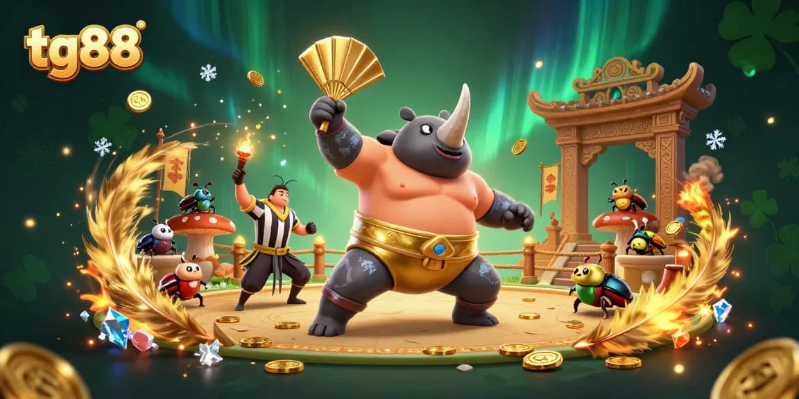 Bet on tg88 with a dynamic 3D illustration showcasing a sumo champion and beetle spectators in an exciting casino-themed arena.