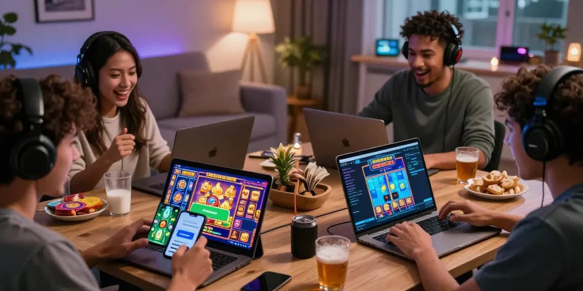 Engaged players enjoying an online slot game with deposit tanpa minimal in a cozy gaming setup.