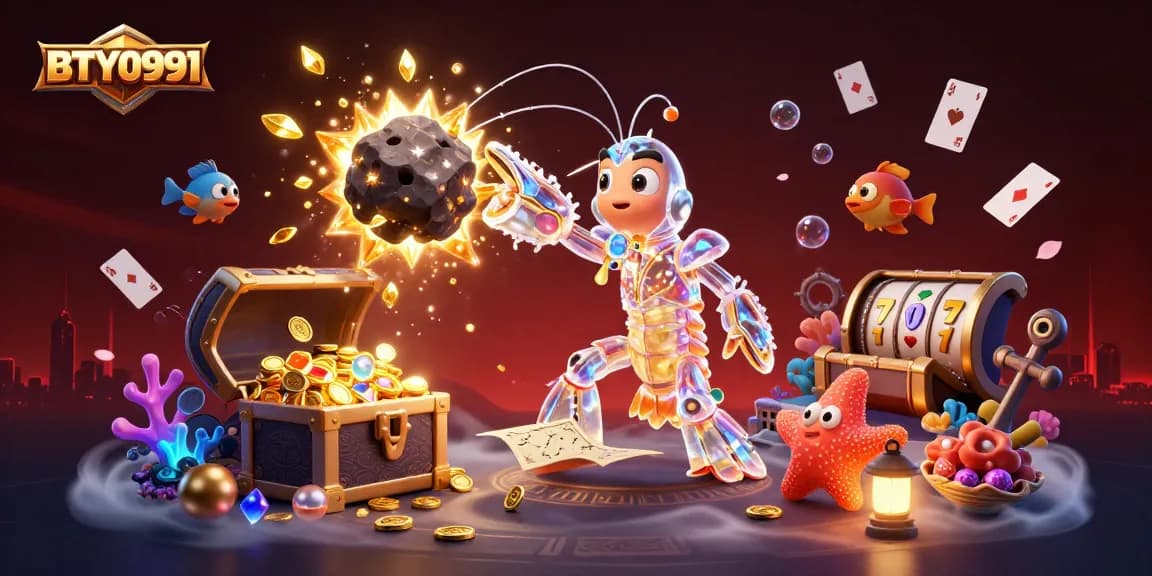 BTY0991 showcases a galactic samurai mantis shrimp amidst slot symbols in a casino scene.