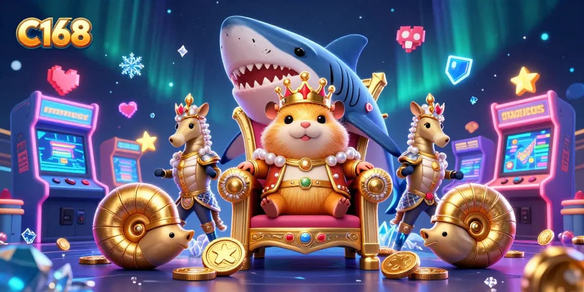 Win big at C168 with a golden hamster king, arcade games, and magical casino elements.