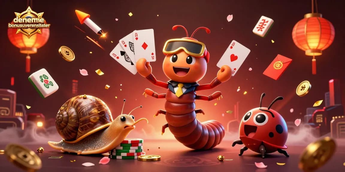 Engage with denemebonusuverensiteler in this vibrant 3D casino illustration showcasing a playful millipede dealer and colorful gaming elements.